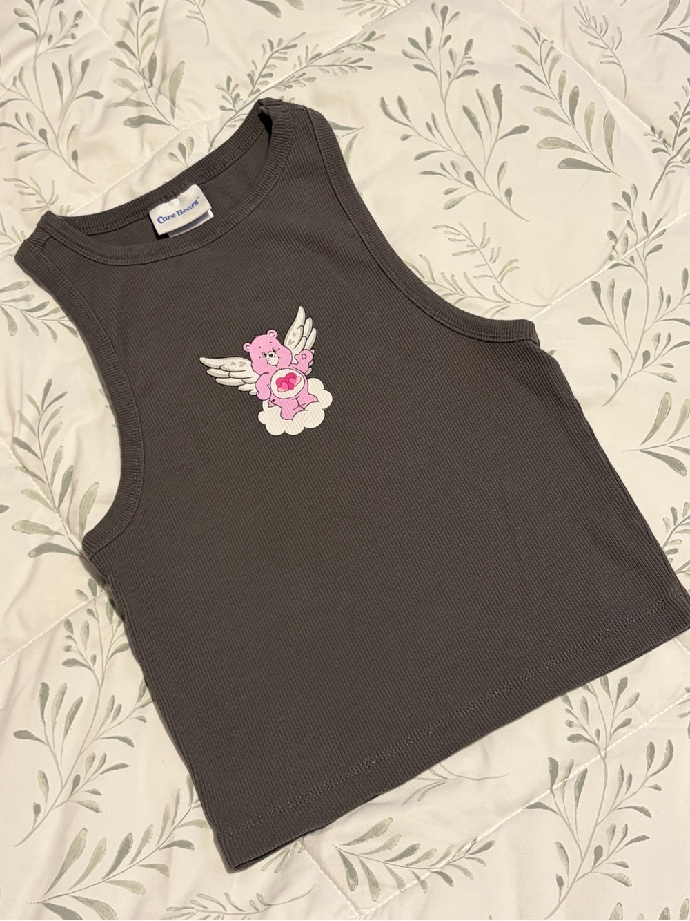 Care Bears Cropped Graphic Tank High Neck Ribbed Grey Pink Medium Love A Lot